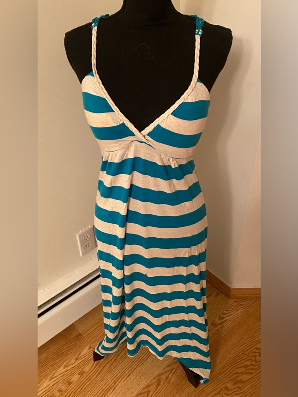Almost Famous - Maxi Dress - Blue & White Striped Lace Back, Padded Bra - SZ SM